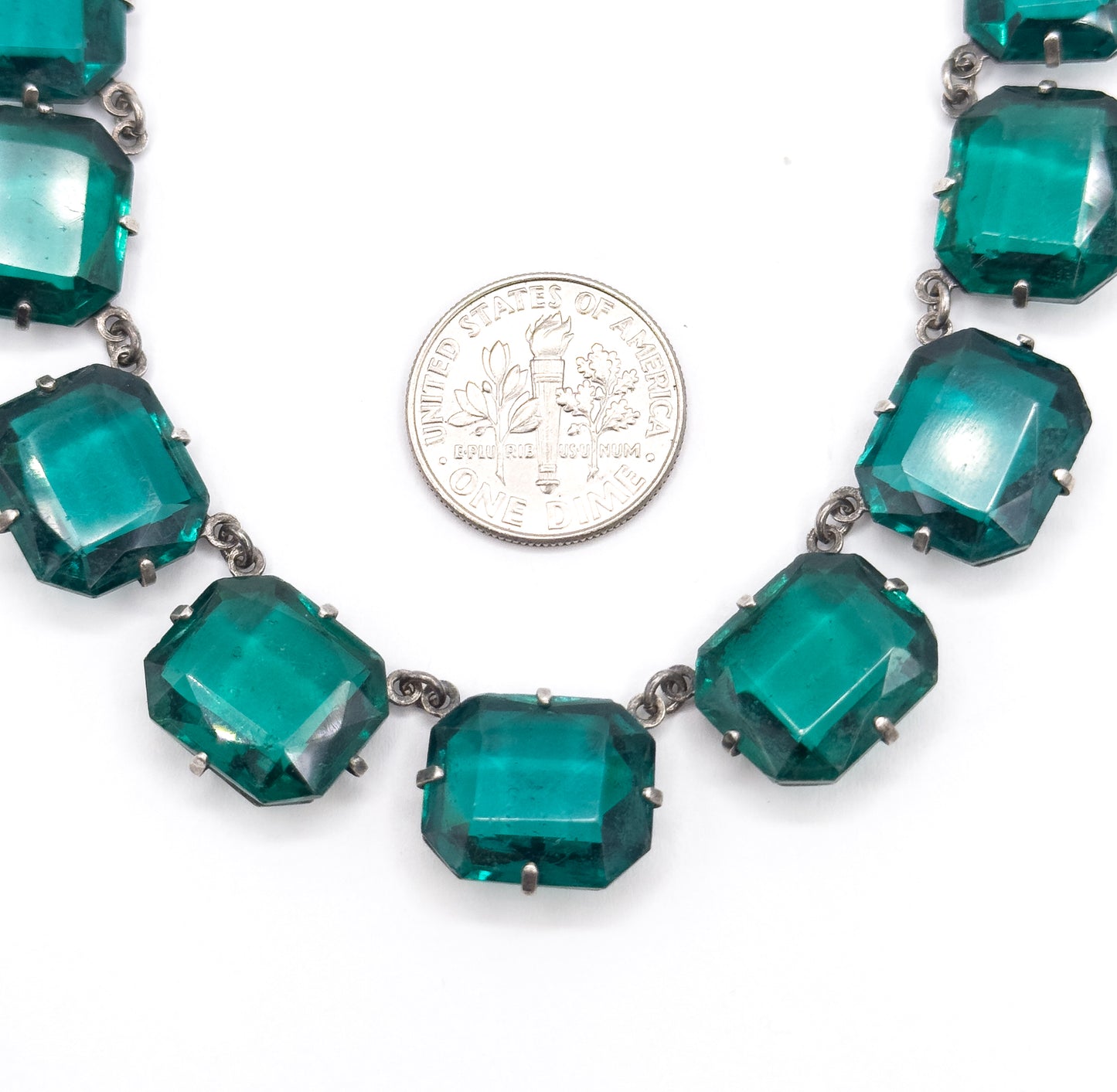 Art Deco Emerald Green Glass Rivière Necklace in Sterling Silver