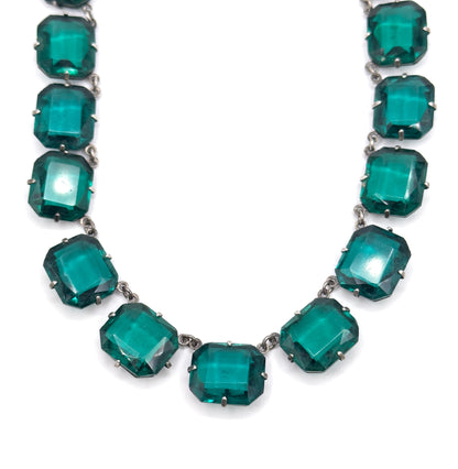 Art Deco Emerald Green Glass Rivière Necklace in Sterling Silver