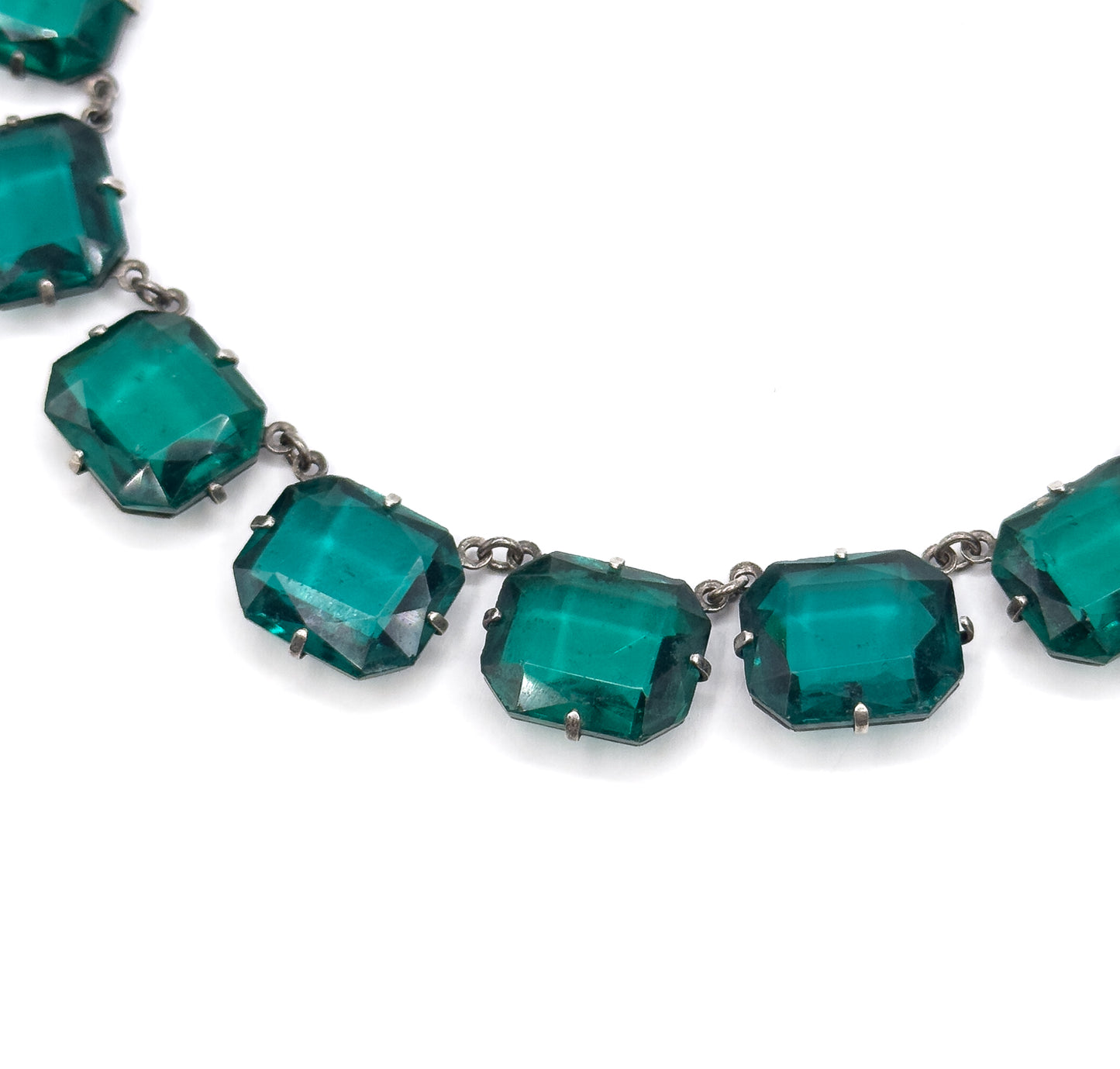 Art Deco Emerald Green Glass Rivière Necklace in Sterling Silver