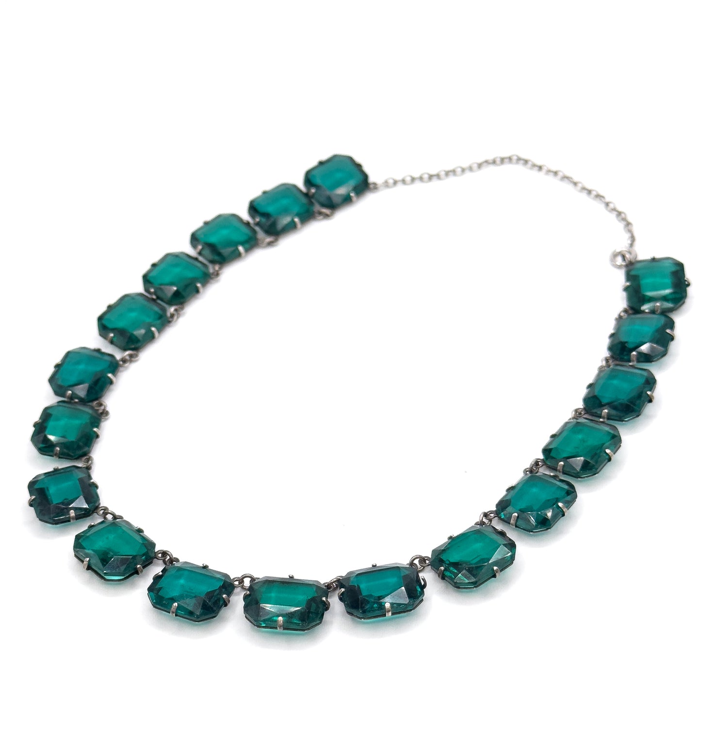 Art Deco Emerald Green Glass Rivière Necklace in Sterling Silver