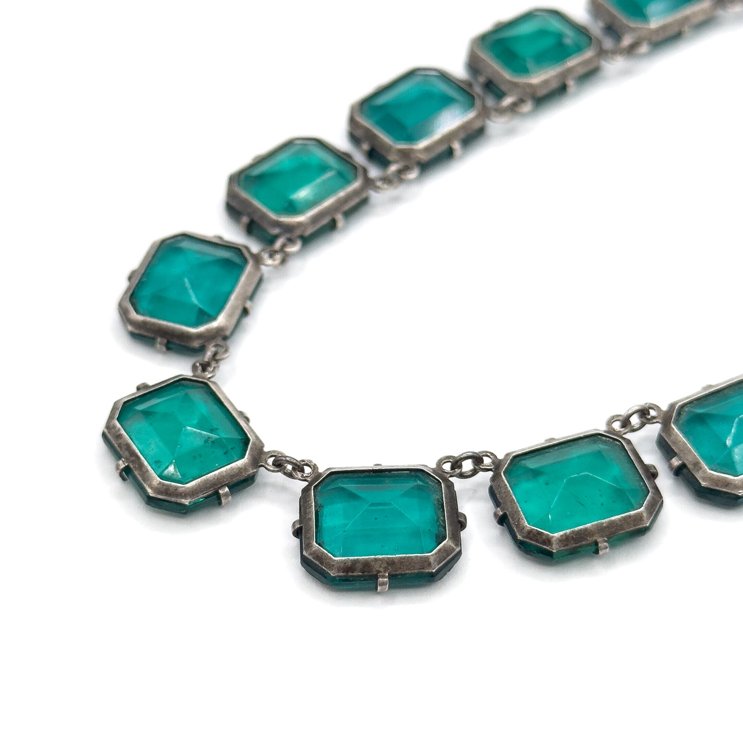 Art Deco Emerald Green Glass Rivière Necklace in Sterling Silver