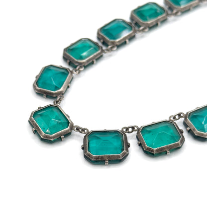 Art Deco Emerald Green Glass Rivière Necklace in Sterling Silver