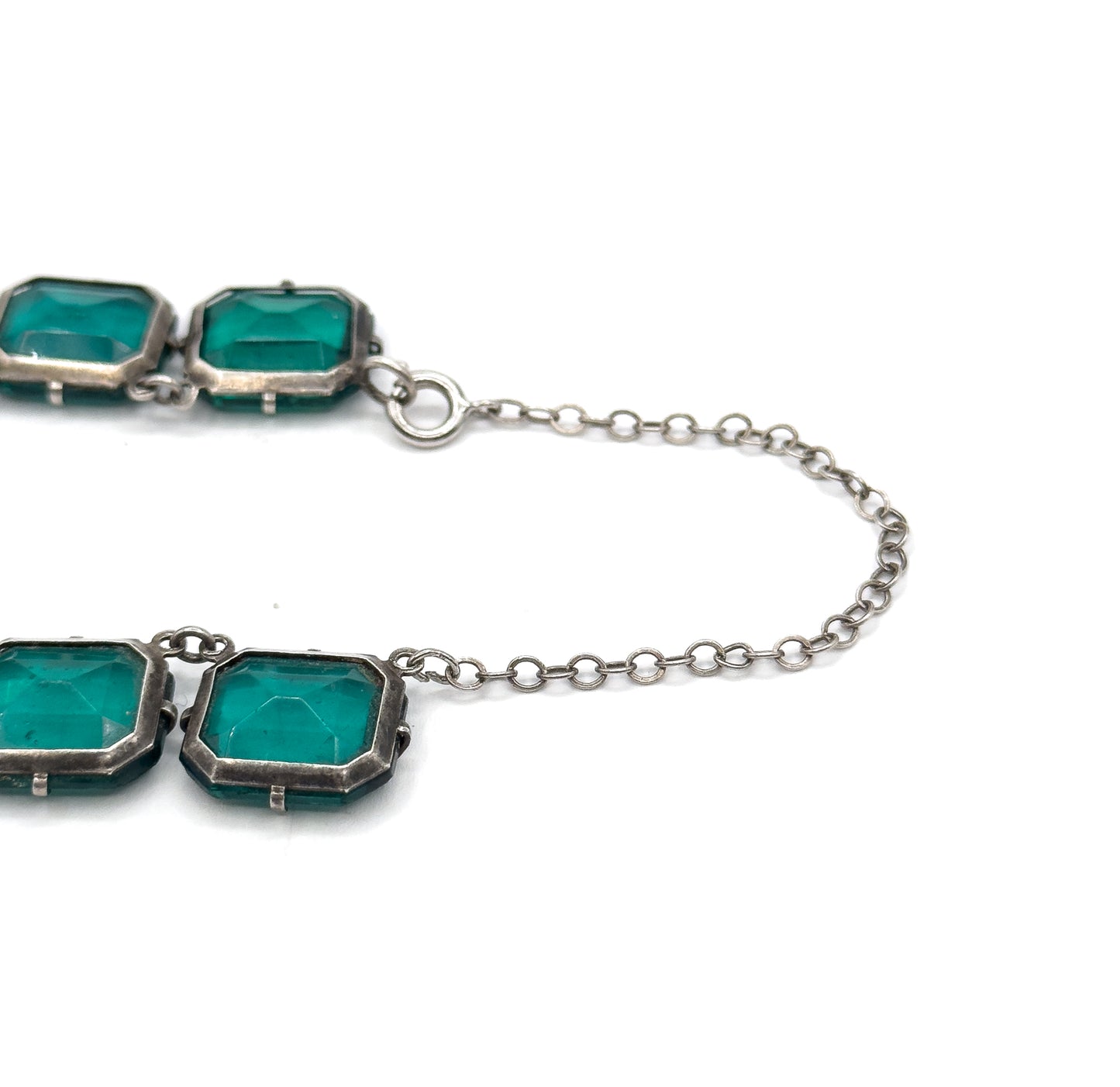 Art Deco Emerald Green Glass Rivière Necklace in Sterling Silver
