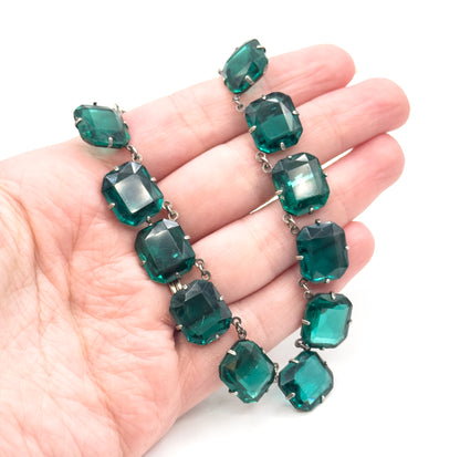 Art Deco Emerald Green Glass Rivière Necklace in Sterling Silver