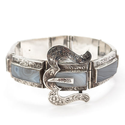 Victorian Scottish Montrose Agate Buckle Bracelet in Silver