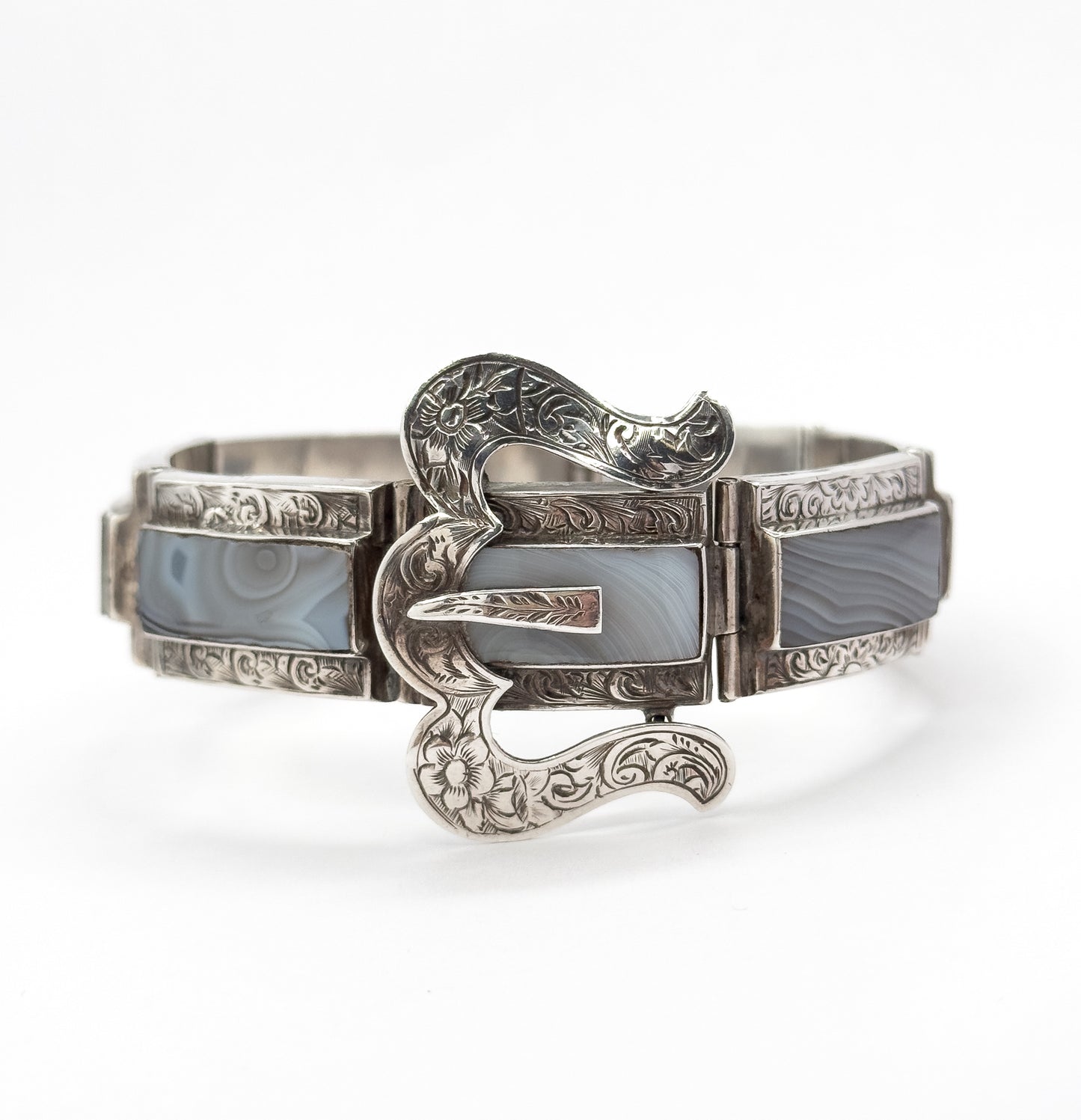 Victorian Scottish Montrose Agate Buckle Bracelet in Silver