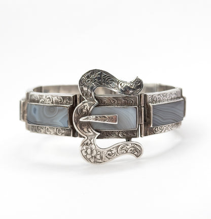 Victorian Scottish Montrose Agate Buckle Bracelet in Silver