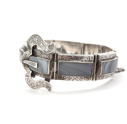 Victorian Scottish Montrose Agate Buckle Bracelet in Silver