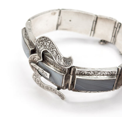 Victorian Scottish Montrose Agate Buckle Bracelet in Silver