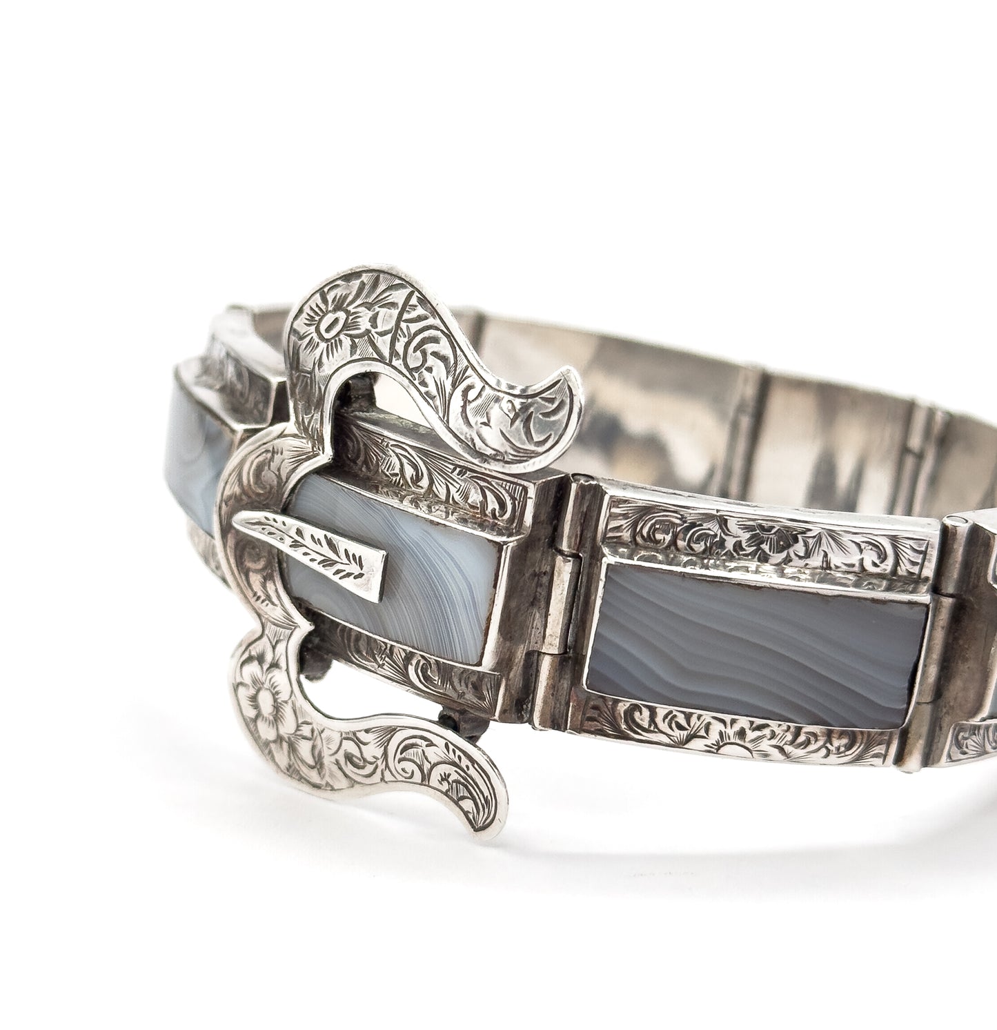 Victorian Scottish Montrose Agate Buckle Bracelet in Silver