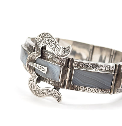 Victorian Scottish Montrose Agate Buckle Bracelet in Silver