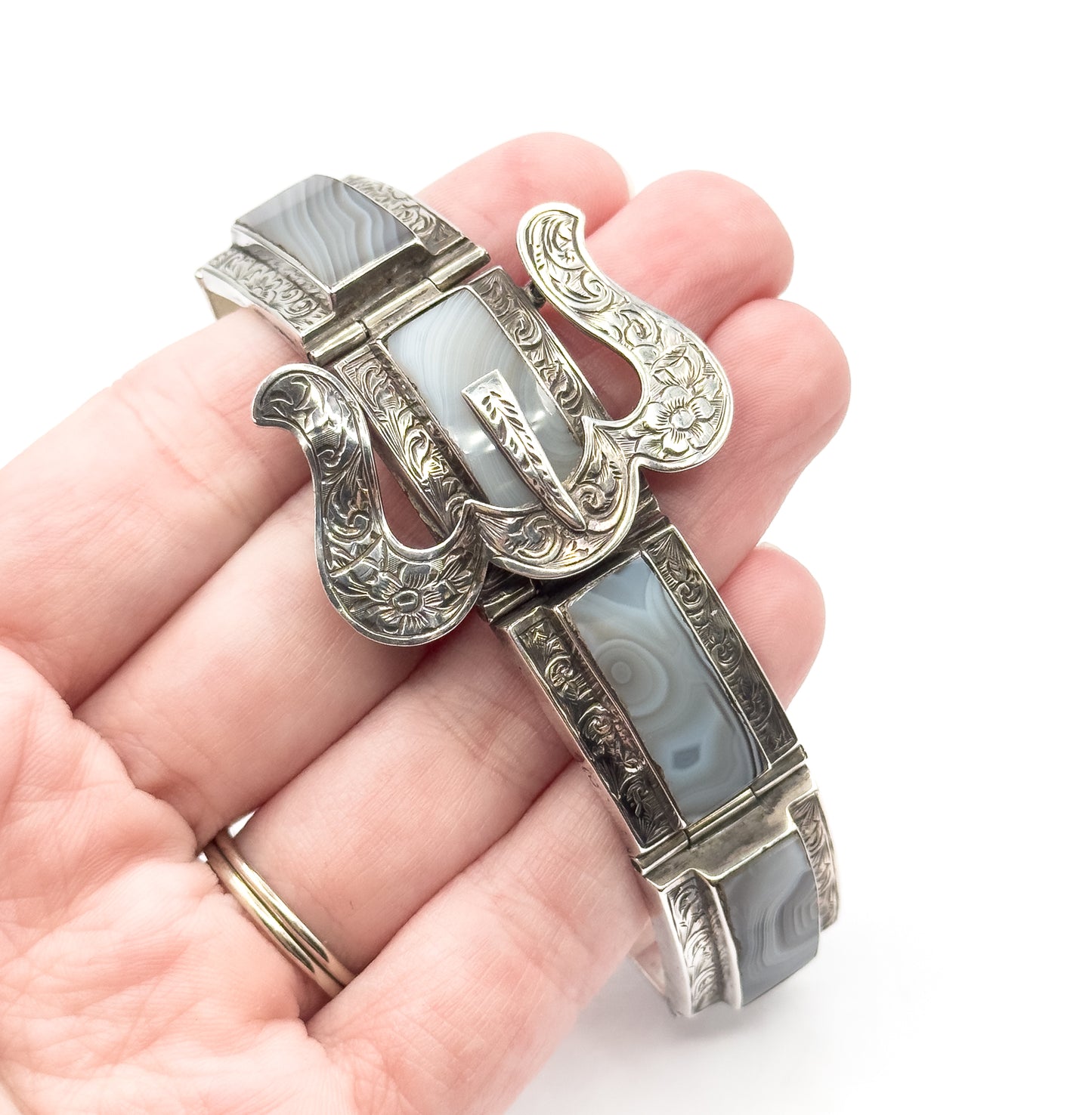 Victorian Scottish Montrose Agate Buckle Bracelet in Silver