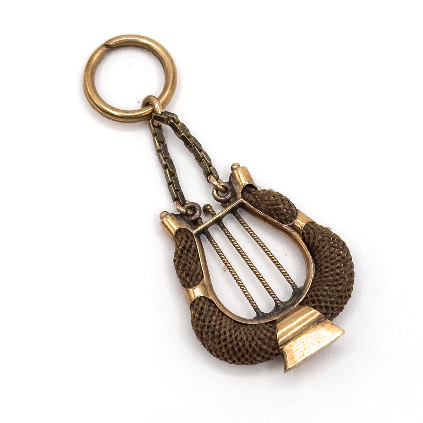 Victorian Sentimental Hairwork Lyre Pendant in 14K Yellow Gold