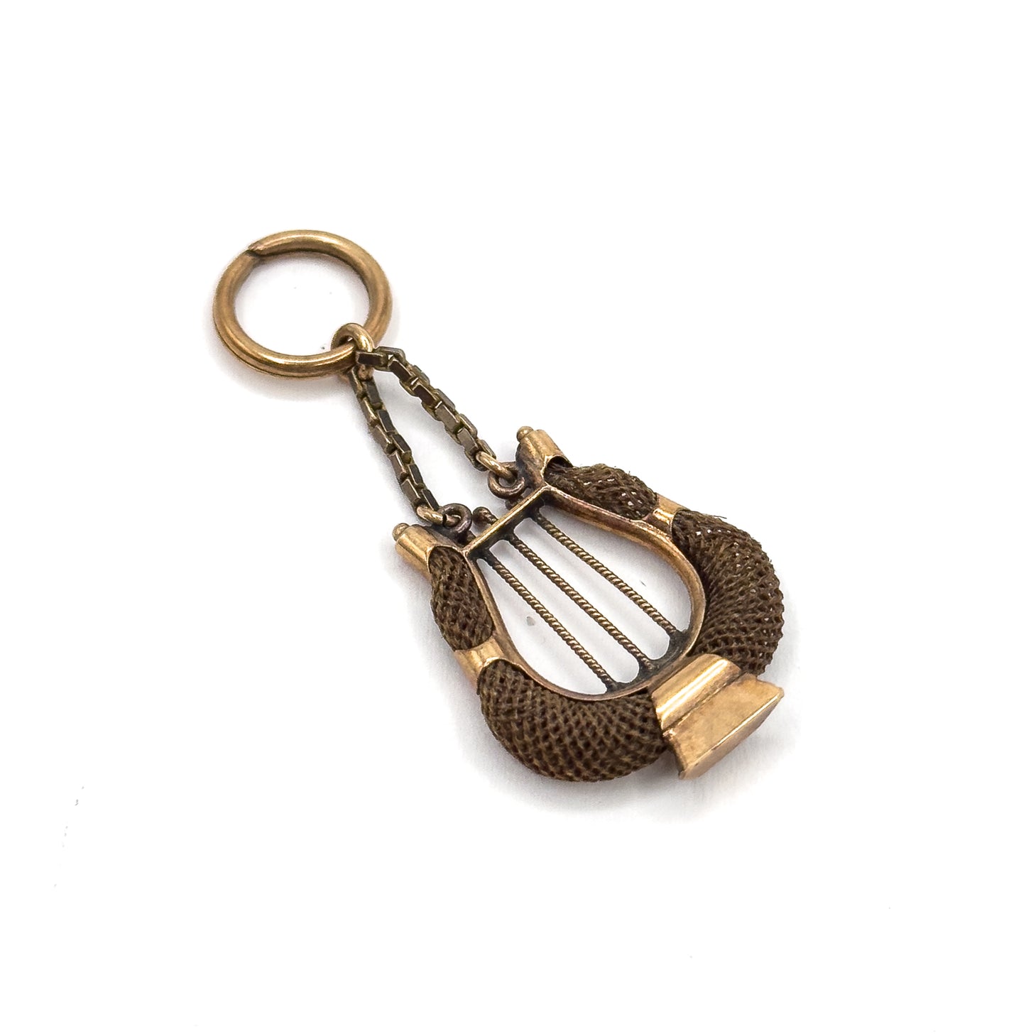 Victorian Sentimental Hairwork Lyre Pendant in 14K Yellow Gold