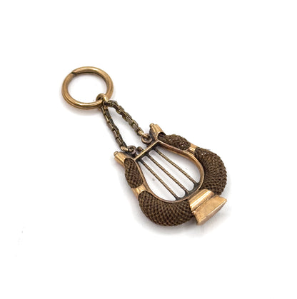 Victorian Sentimental Hairwork Lyre Pendant in 14K Yellow Gold