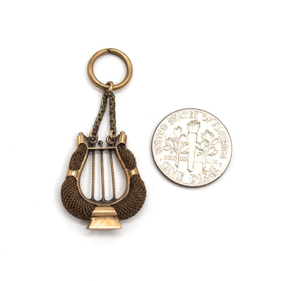 Victorian Sentimental Hairwork Lyre Pendant in 14K Yellow Gold