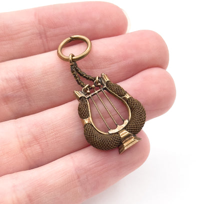 Victorian Sentimental Hairwork Lyre Pendant in 14K Yellow Gold