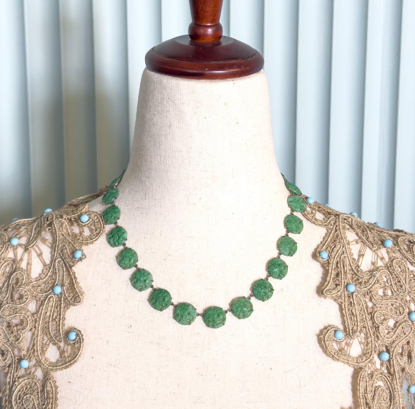 Art Deco Molded Glass Station Necklace in Sterling Silver