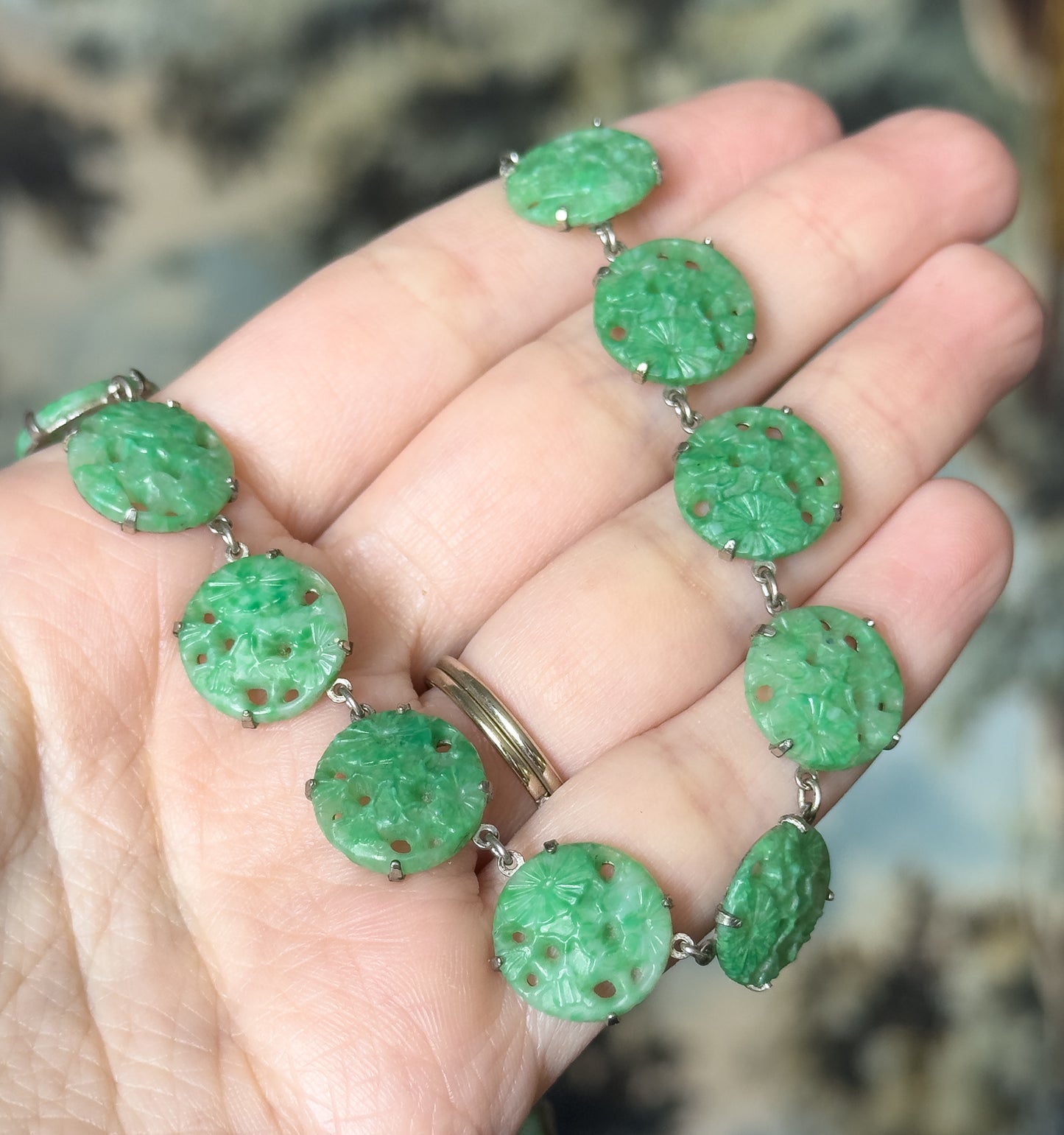 Art Deco Molded Glass Station Necklace in Sterling Silver