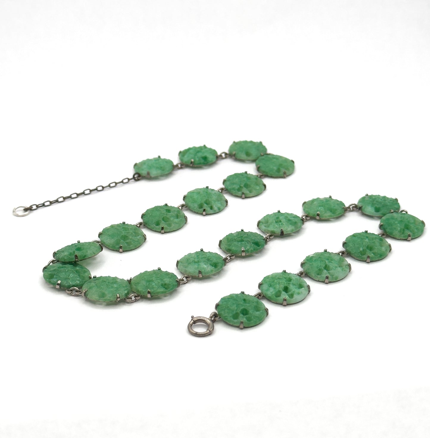 Art Deco Molded Glass Station Necklace in Sterling Silver