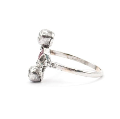 Antique Toi et Moi Floral Diamond & Ruby Ring in 14K White Gold