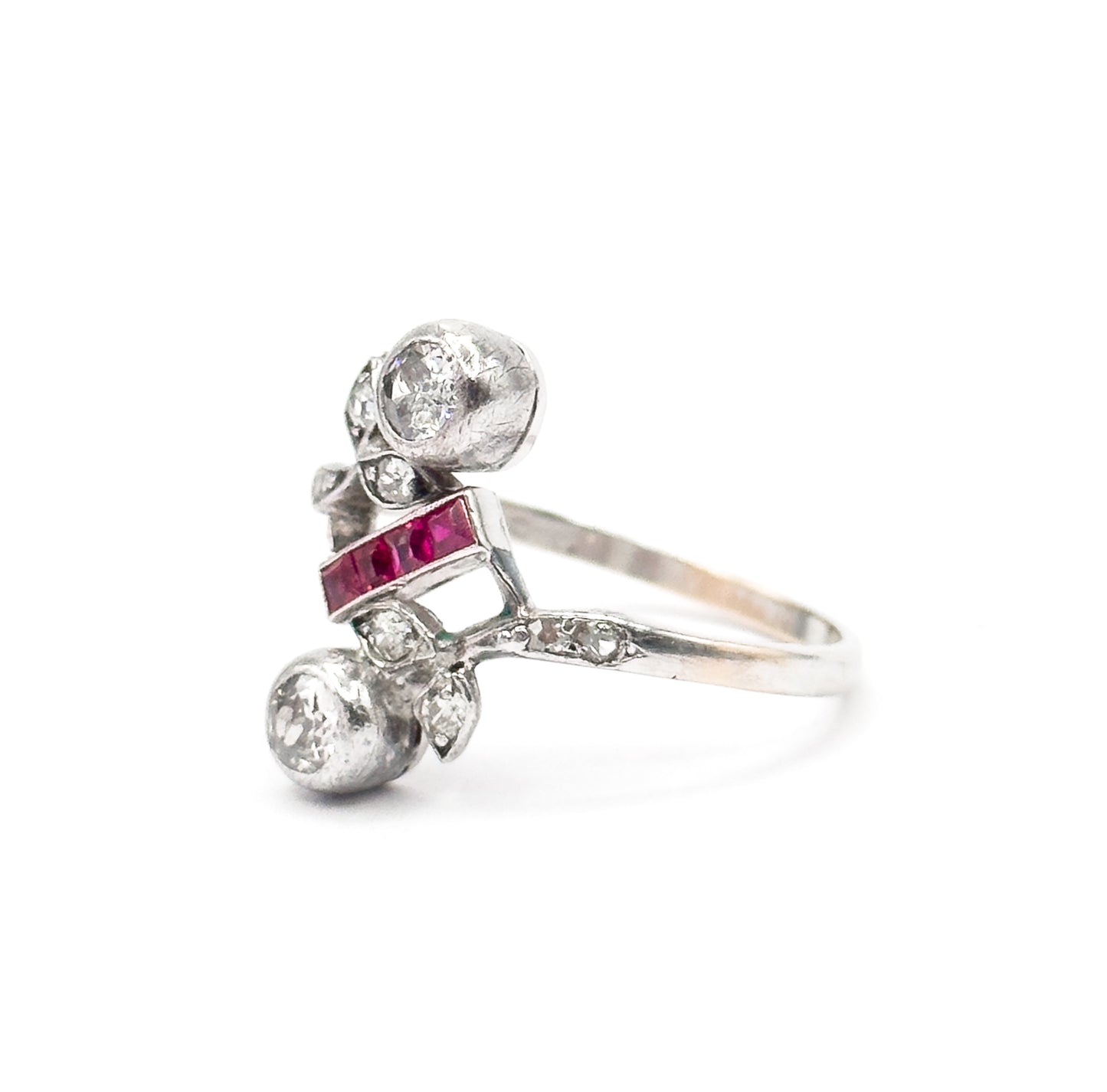Antique Toi et Moi Floral Diamond & Ruby Ring in 14K White Gold