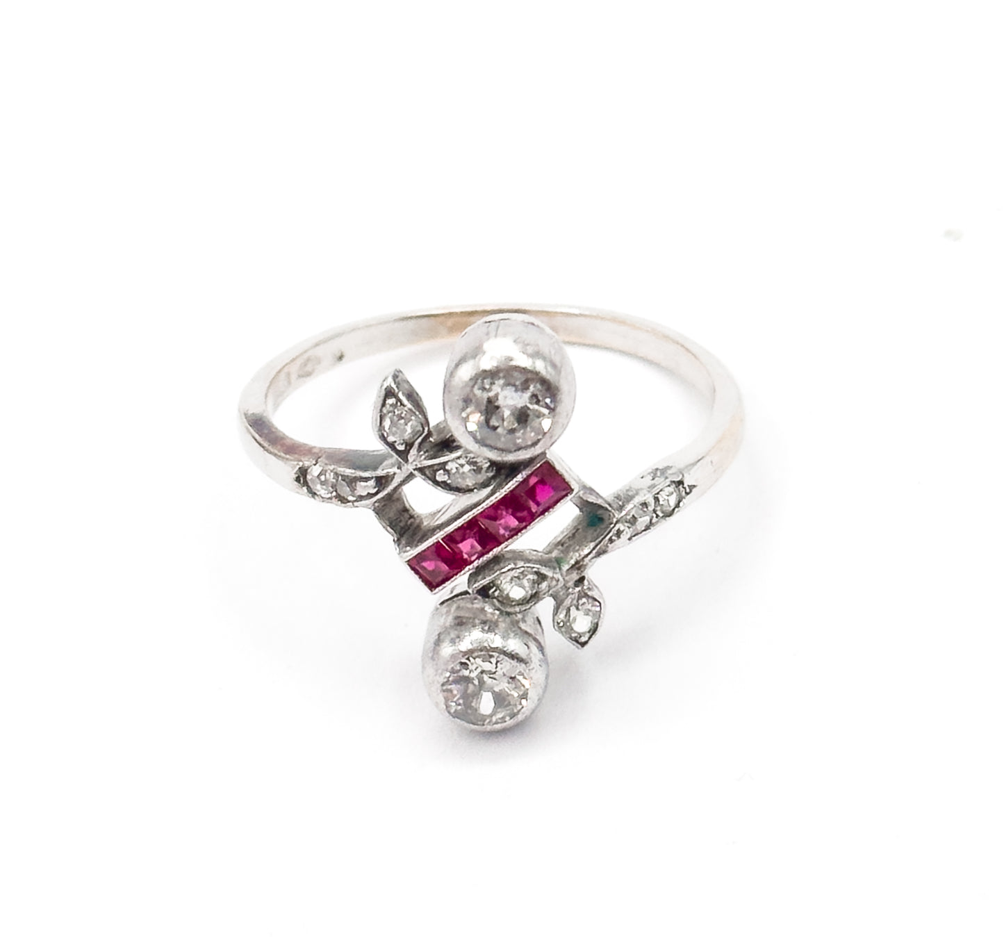 Antique Toi et Moi Floral Diamond & Ruby Ring in 14K White Gold