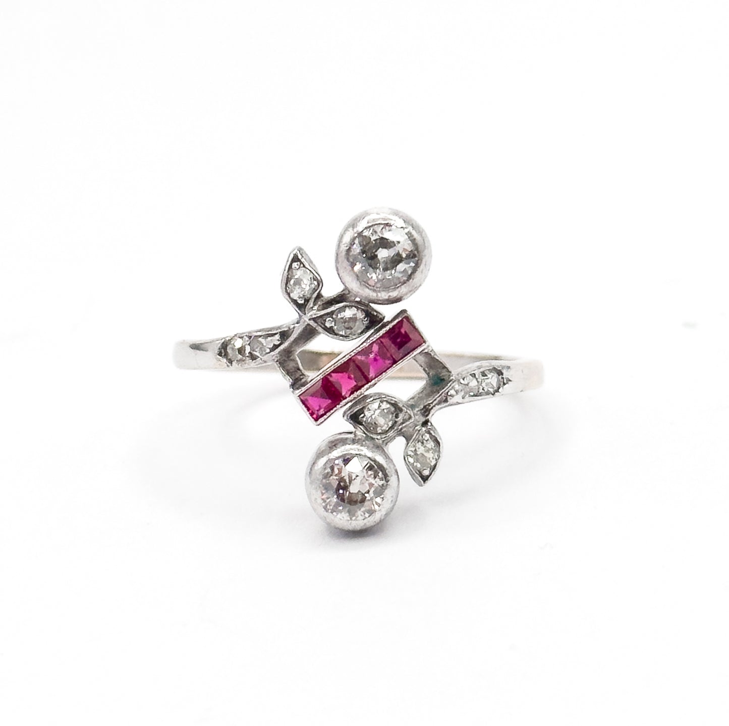 Antique Toi et Moi Floral Diamond & Ruby Ring in 14K White Gold