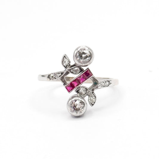 Antique Toi et Moi Floral Diamond & Ruby Ring in 14K White Gold