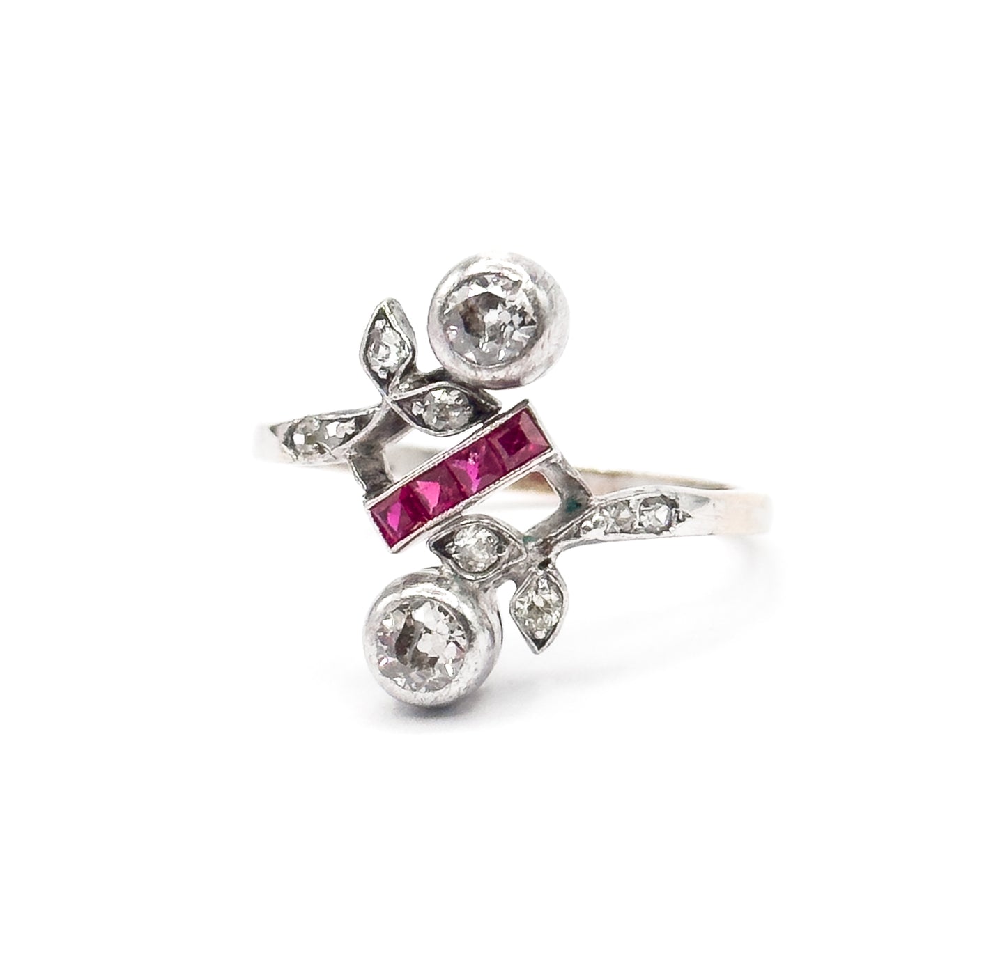 Antique Toi et Moi Floral Diamond & Ruby Ring in 14K White Gold