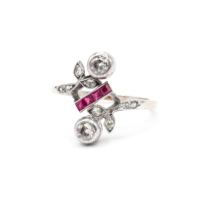 Antique Toi et Moi Floral Diamond & Ruby Ring in 14K White Gold