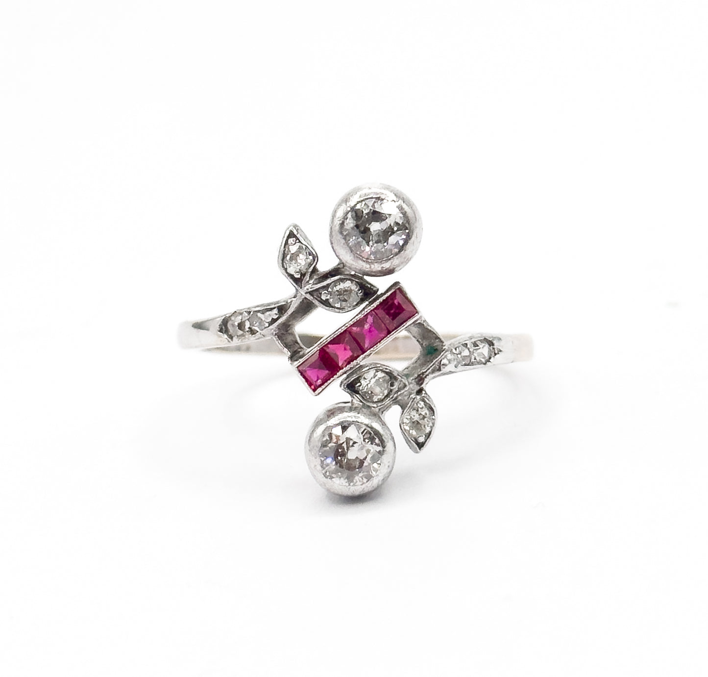 Antique Toi et Moi Floral Diamond & Ruby Ring in 14K White Gold