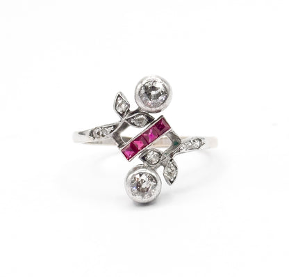 Antique Toi et Moi Floral Diamond & Ruby Ring in 14K White Gold