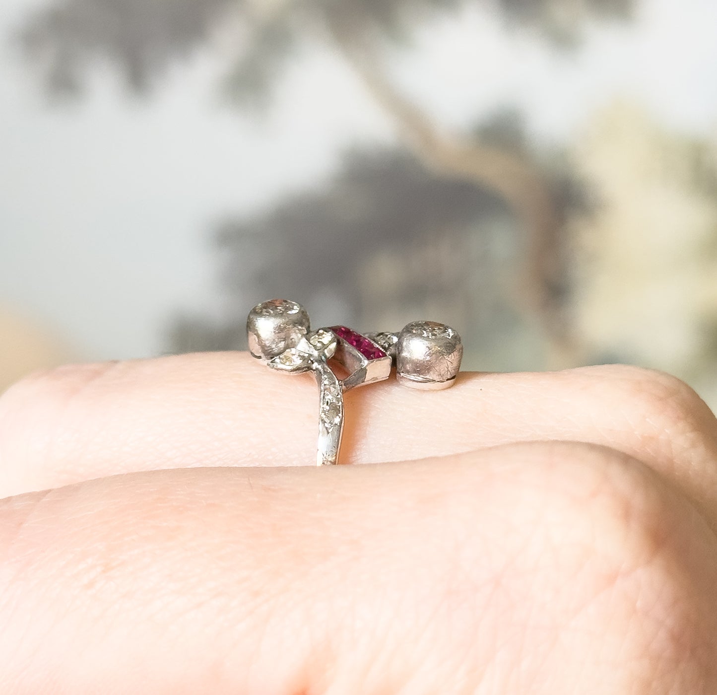 Antique Toi et Moi Floral Diamond & Ruby Ring in 14K White Gold
