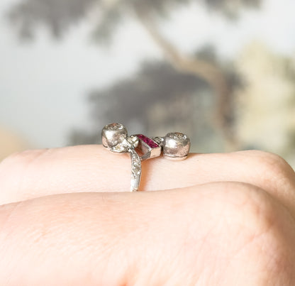 Antique Toi et Moi Floral Diamond & Ruby Ring in 14K White Gold