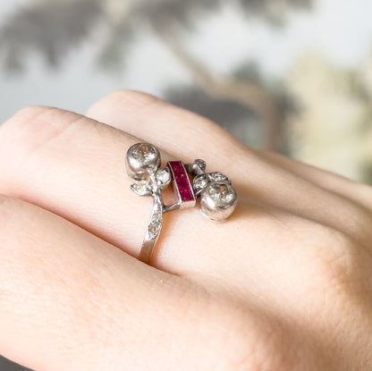 Antique Toi et Moi Floral Diamond & Ruby Ring in 14K White Gold