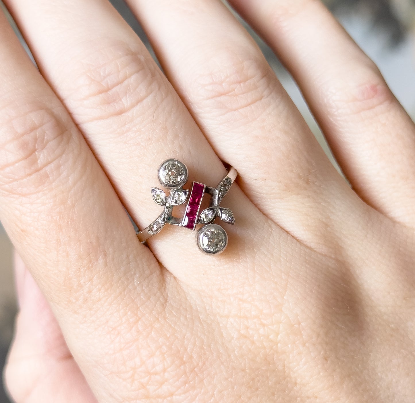Antique Toi et Moi Floral Diamond & Ruby Ring in 14K White Gold