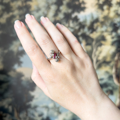 Antique Toi et Moi Floral Diamond & Ruby Ring in 14K White Gold