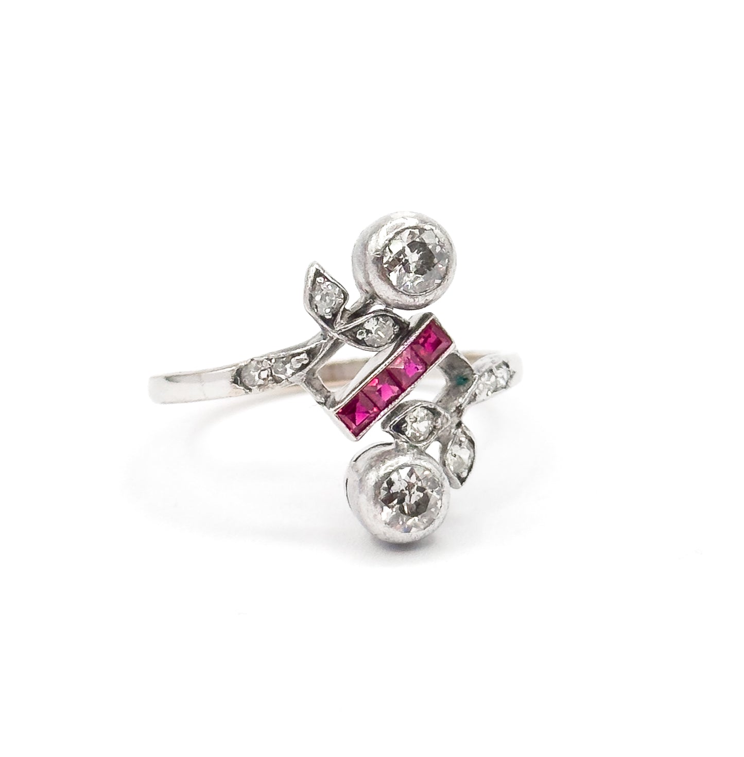 Antique Toi et Moi Floral Diamond & Ruby Ring in 14K White Gold