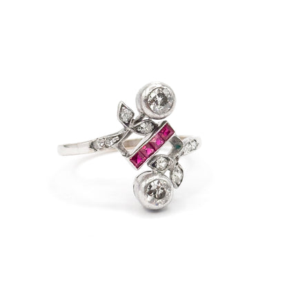 Antique Toi et Moi Floral Diamond & Ruby Ring in 14K White Gold