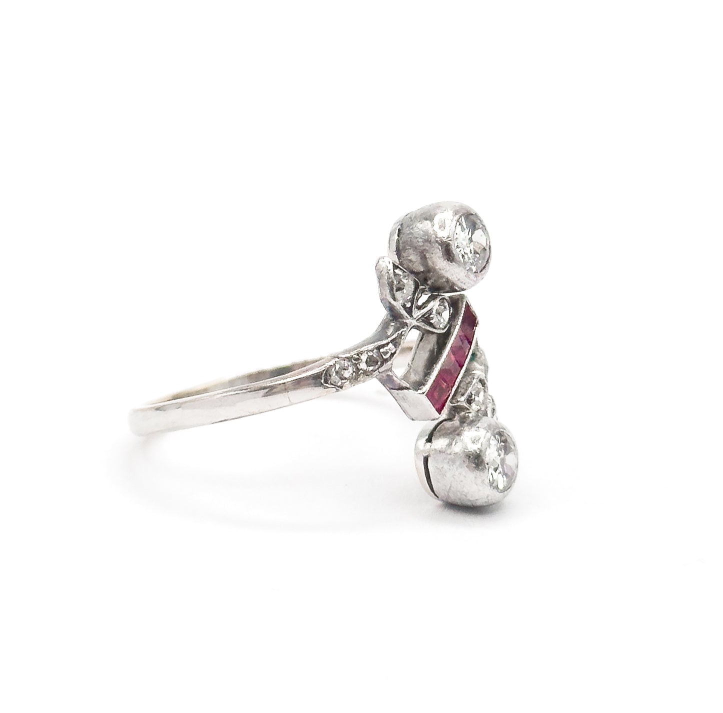 Antique Toi et Moi Floral Diamond & Ruby Ring in 14K White Gold