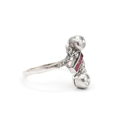 Antique Toi et Moi Floral Diamond & Ruby Ring in 14K White Gold