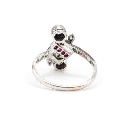 Antique Toi et Moi Floral Diamond & Ruby Ring in 14K White Gold