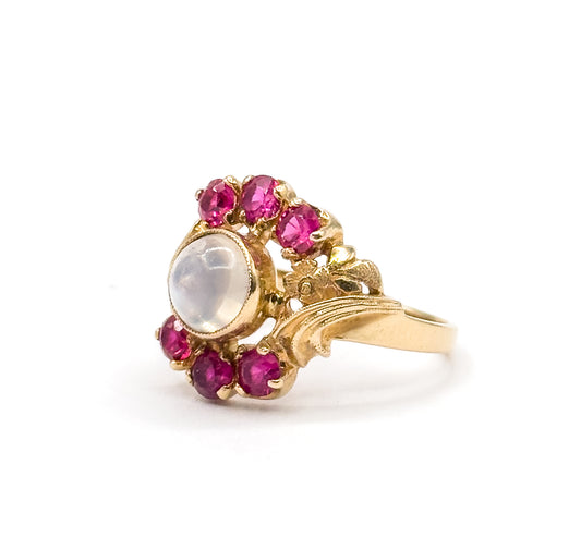Retro Moonstone & Ruby Floral Ring in 14K Yellow Gold