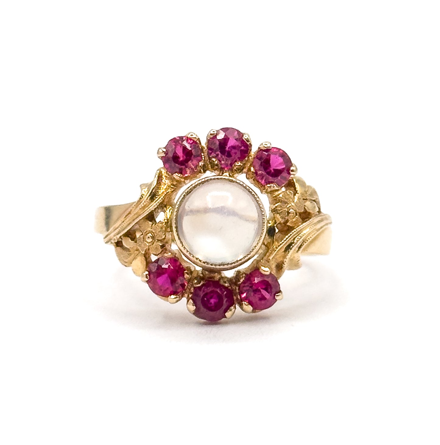 Retro Moonstone & Ruby Floral Ring in 14K Yellow Gold