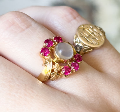 Retro Moonstone & Ruby Floral Ring in 14K Yellow Gold