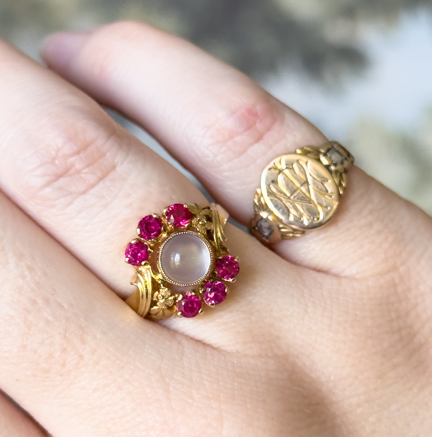 Retro Moonstone & Ruby Floral Ring in 14K Yellow Gold