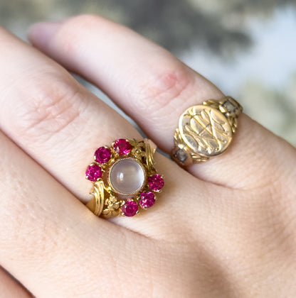Retro Moonstone & Ruby Floral Ring in 14K Yellow Gold