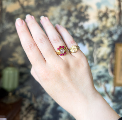 Retro Moonstone & Ruby Floral Ring in 14K Yellow Gold
