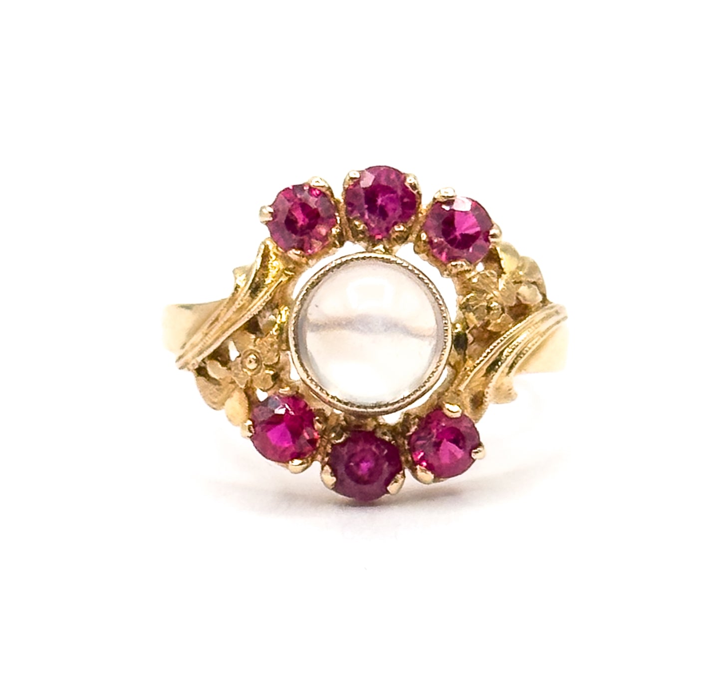 Retro Moonstone & Ruby Floral Ring in 14K Yellow Gold